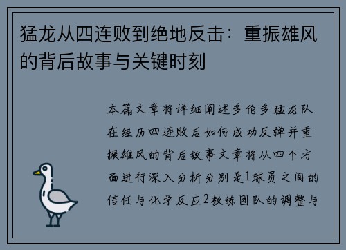 猛龙从四连败到绝地反击：重振雄风的背后故事与关键时刻